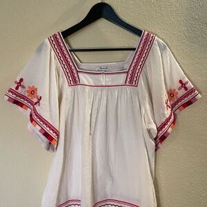 Madewell White Blouse with Pink and Orange Embroidery